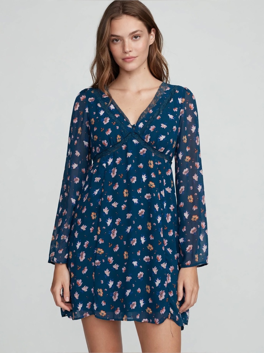 Oak & Trellis XL Teal Floral V-Neck Long Sleeve Dress